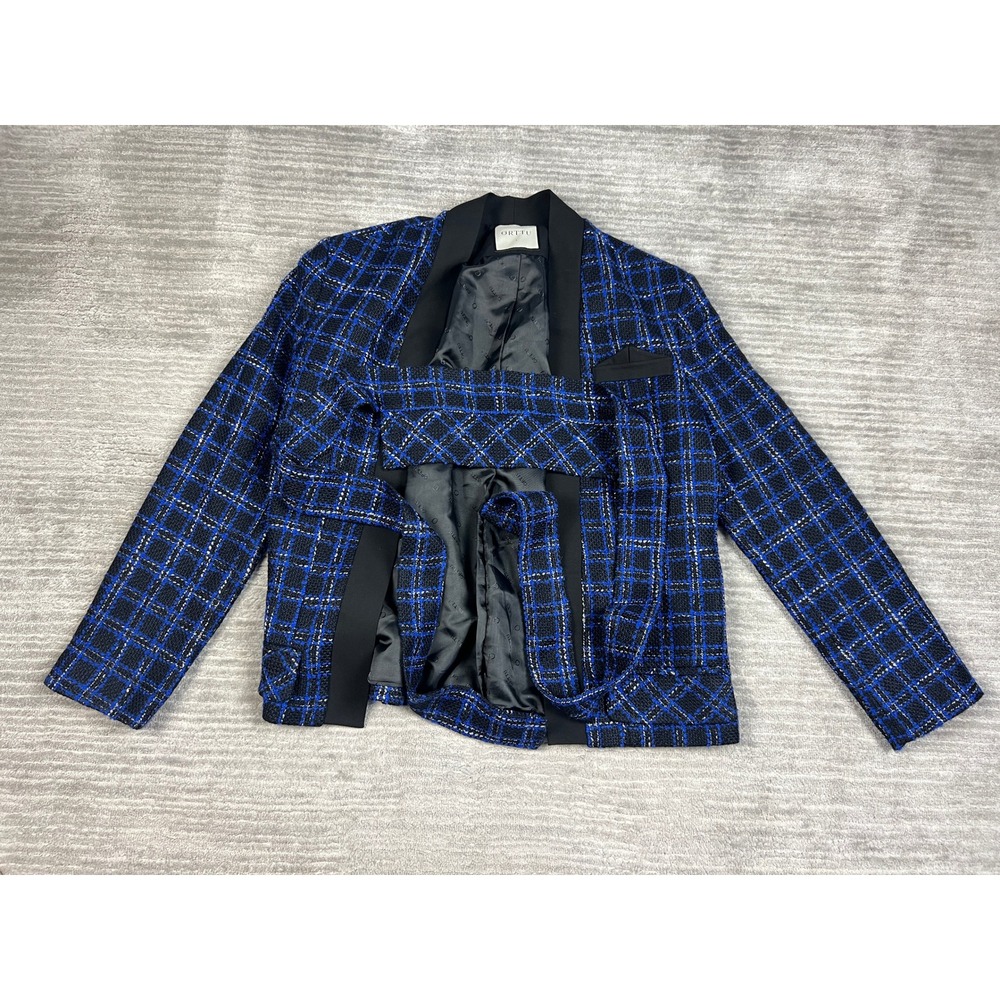 Orttu Blazer Mens L Blue Black Plaid Tweed Shawl Lapel Belted OR-JAK0030BLU